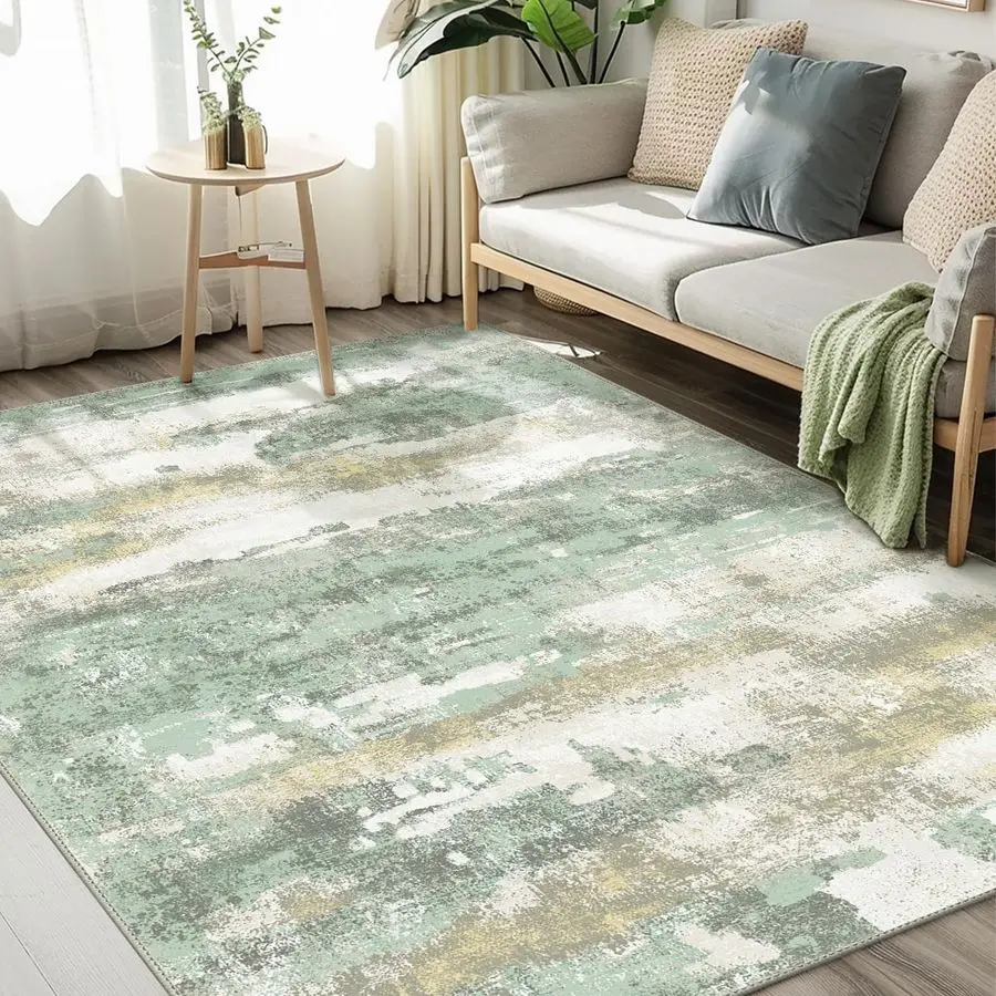 

Rugs 5x7 for Living Room Bedroom, Modern Abstract Machine Washable Large Light Green Rug Soft Rug, Low Pile Floor Carpet with No