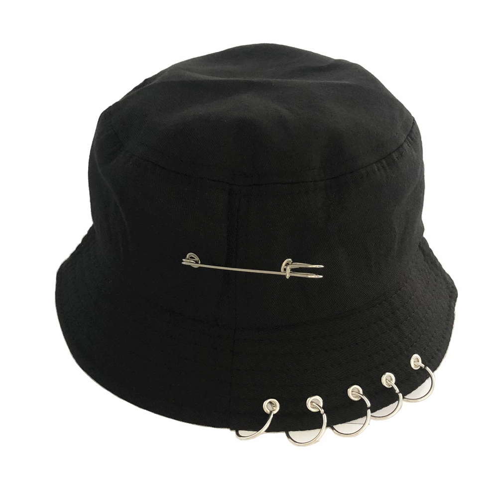 XaYbZc Solid Color Iron Pin Rings Personality Bucket Hat For Unisex Women Men Cotton Fishermen Cap Factory Sells Directly