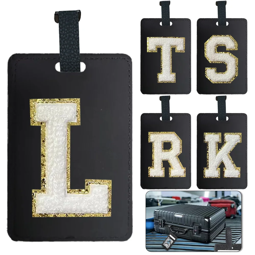 Initial Chenille PU Luggage Tag Cover Baggage Labels Container Durable Suitcase Holder Name Initials  A-Z 26 Letter Gold Pattern