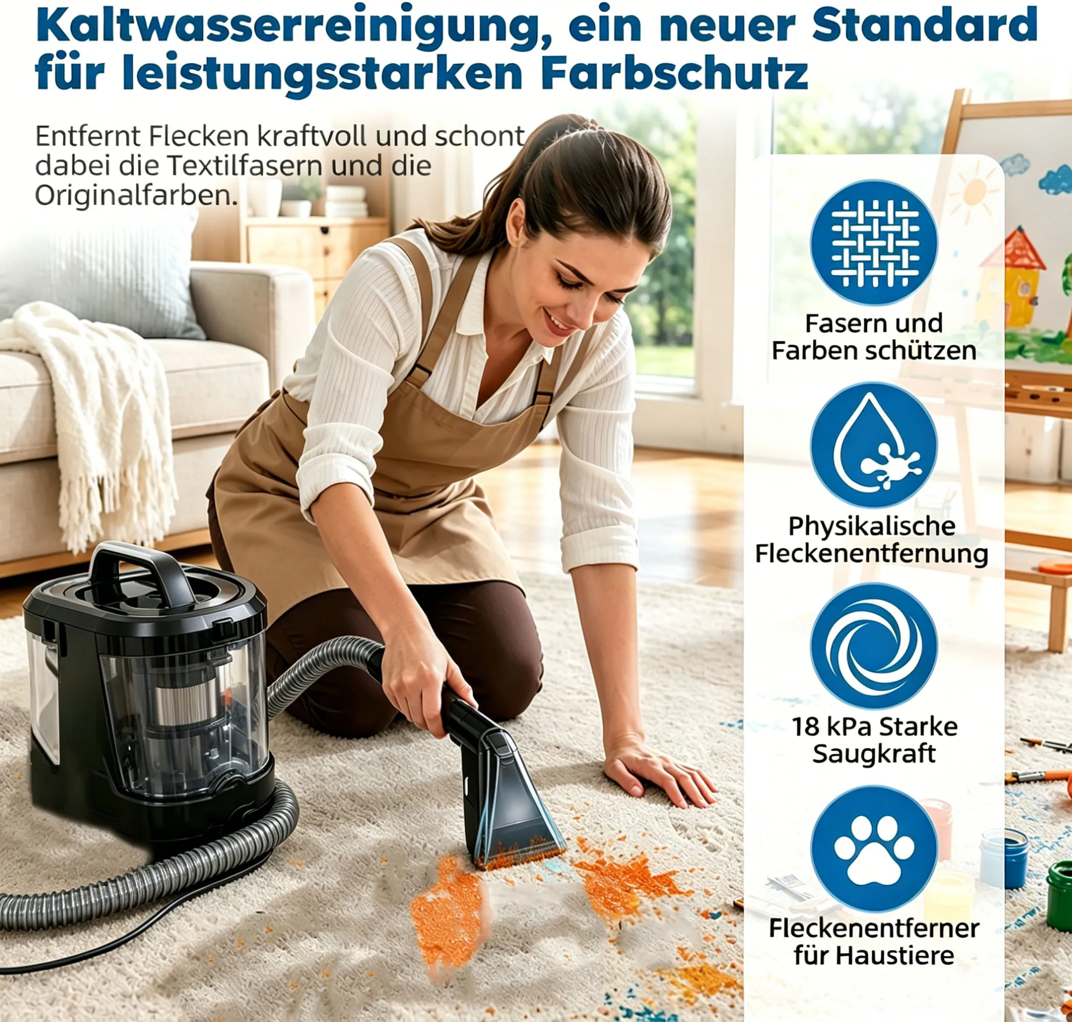 18kPa starker Polsterreiniger, nass-trockener Teppichwaschsauger für Teppiche, Sofas, Autoinnenräume und Matratzen. Handgerät mit Doppeltank entfernt effektiv Flecken und Tierhaare auf Textilien.