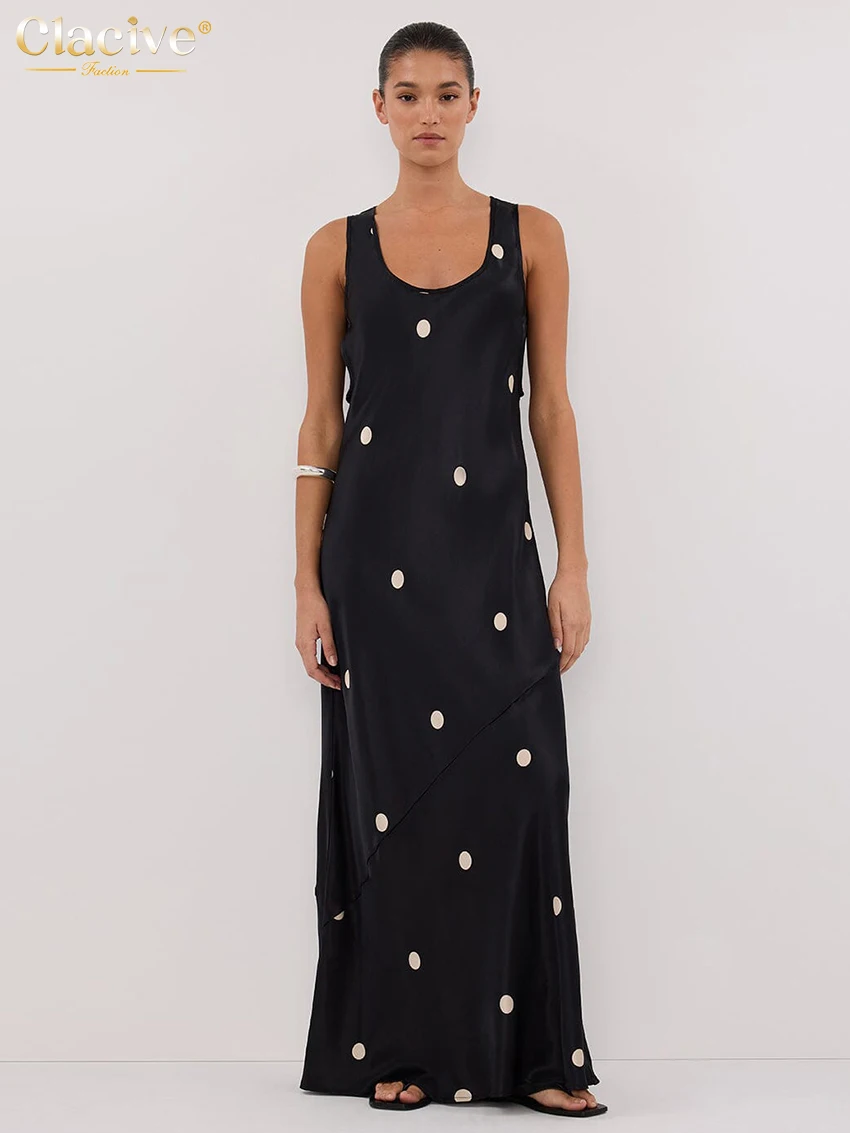 

Clacive Summer Loose Print Women Dress 2025 Sexy U-Neck Sleeveless Floor Length Dresses Elegant Classic Female Dress Streetwear
