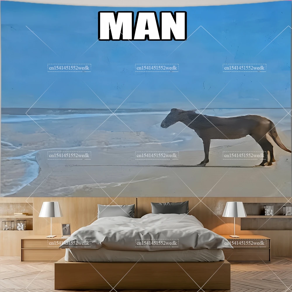 Man Hd Horse On Beach Meme Tapestry Funny Cartoons Tapestries Sea Landscape Tapestrys Room Decor Aesthetic Poster Dorm Backdrops