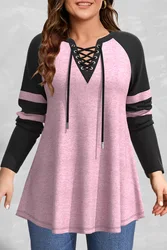 Women Long Sleeve T shirt Plus Size Casual Pink Colorblock Cross Lace-Up V Neck T shirt Loose Casual Splice Medium Stretch Tops