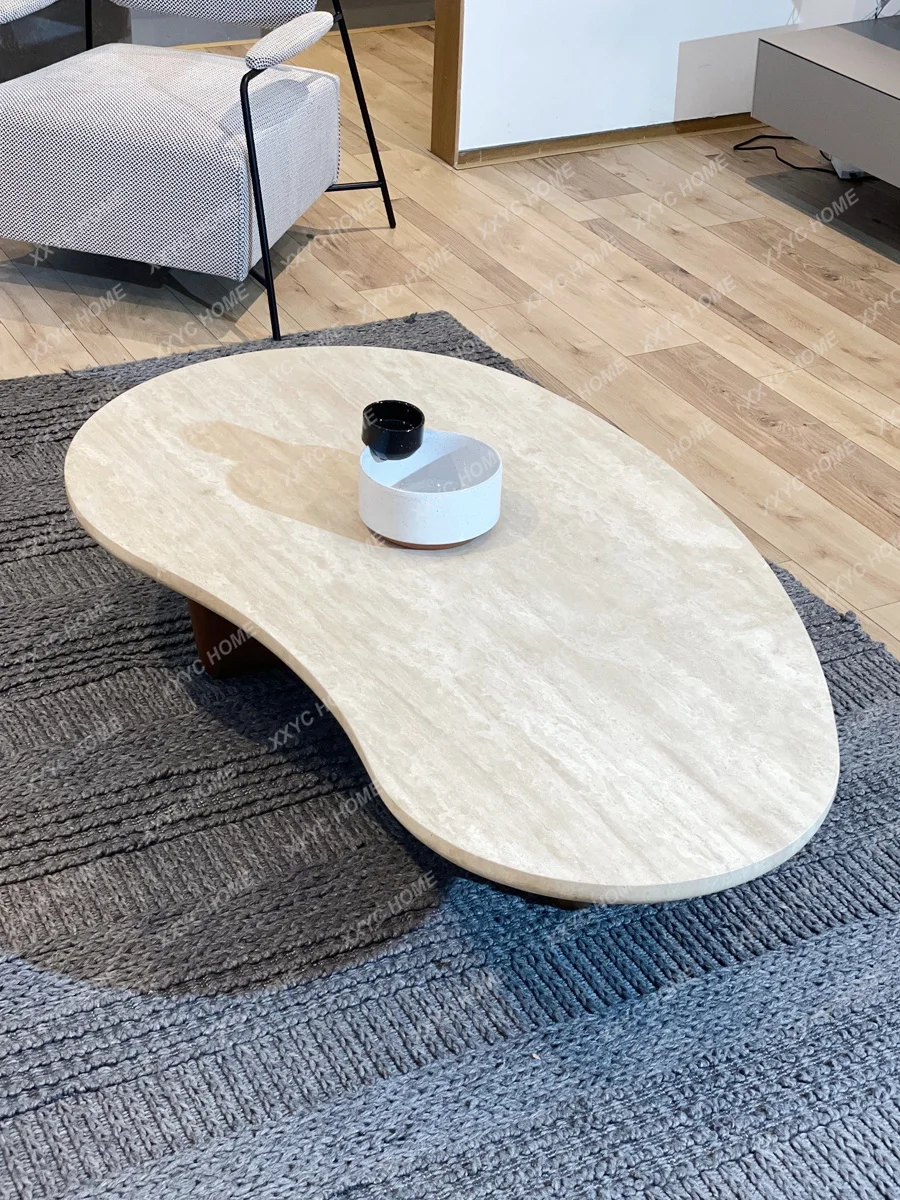 

X36 Wind Natural Travertine Coffee Table Solid Wood Medieval Small Apartment Special-shaped Tea Table