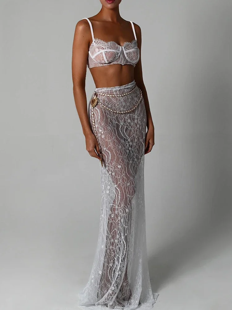 

Sexy See Through Lace Chain Women Skirt Suit White Spaghetti Strap Crop Top Print Floral Skirt Autumn New Two Piece Sets