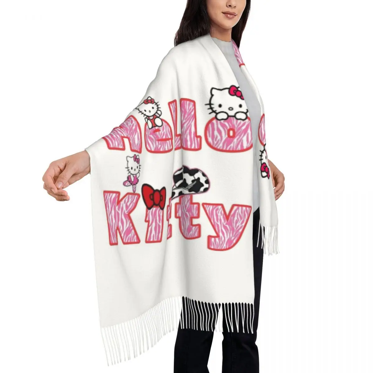 Syal Wanita Hangat Lembut Motif Hello Kitty Y2K Anime dengan Rumbai, Selendang Mewah Bermerek dan Syal Musim Dingin Bermotif Bandana
