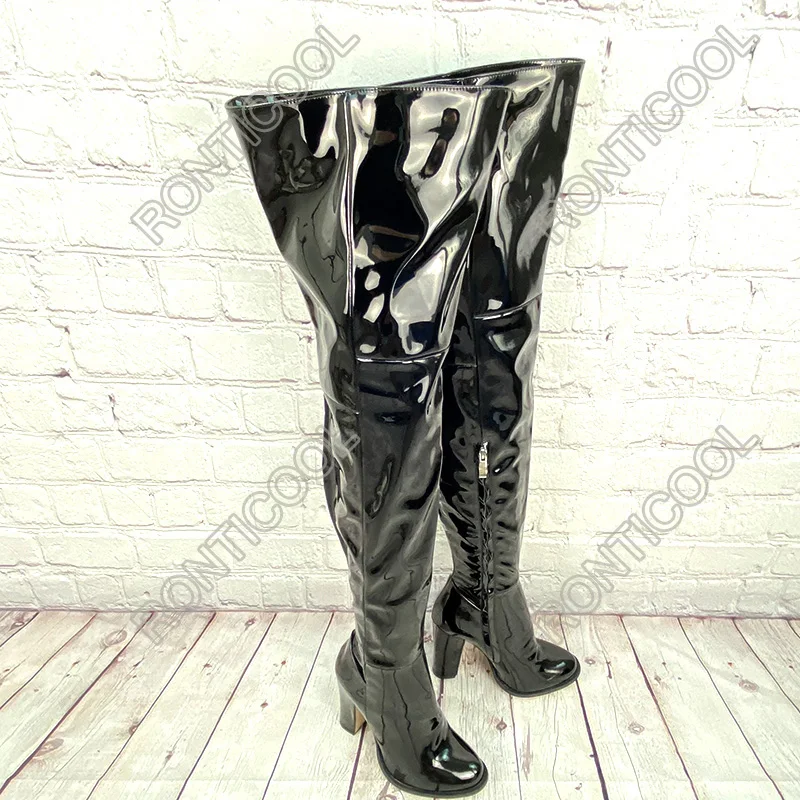 Ronticool Handmade Women Winter Thigh Boots Glossy Half Side Zipper Chunky Heels Round Toe Black Club Shoes Women Us Size 5-15