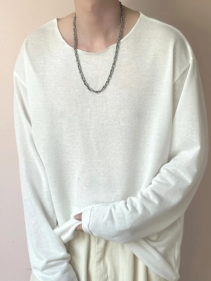 Loose Fit Linen U-Neck Long Sleeve T-Shirt Men's Breathable Lightweight Knitted Mesh Line Shirt Trendy Sunshade Cover up