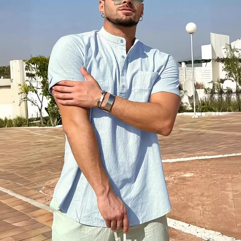 Summer Shirts Men'sCasual Slim Fit Polo Shirt Solid Color Breathable Button Short Sleeved Top Refreshing and Comfortable T-shirt