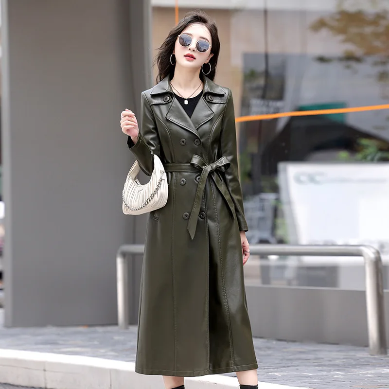 Chaqueta de cuero PU para mujer, abrigo nuevo a la moda para primavera y otoño, Chaqueta larga con doble botonadura, abrigo de cuero de oveja, prendas de vestir exteriores de gamuza