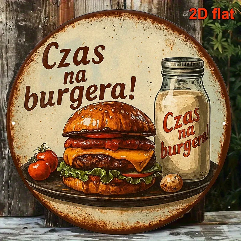 2D Flat, A 2D Flat, 8x8 Inch Round Polish Aluminum Sign, a Vintage Decorative Plaque Featuring a Hamburger. This Delicious Burge