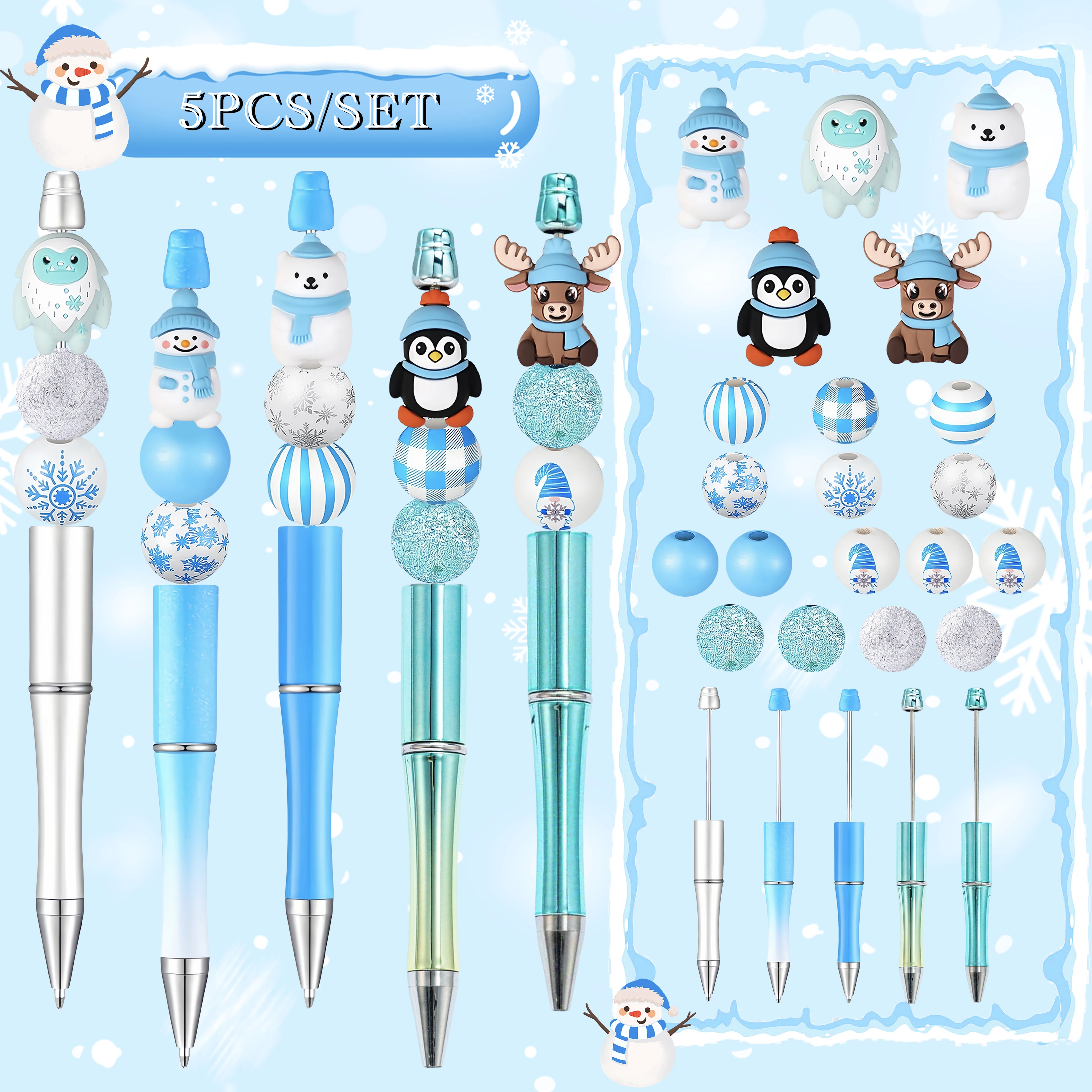 

【Christmas Theme 】 5PCS Blue Christmas Snowflake Snowman Elk Theme DIY Beaded Ballpoint Pen，Great Christmas Gift
