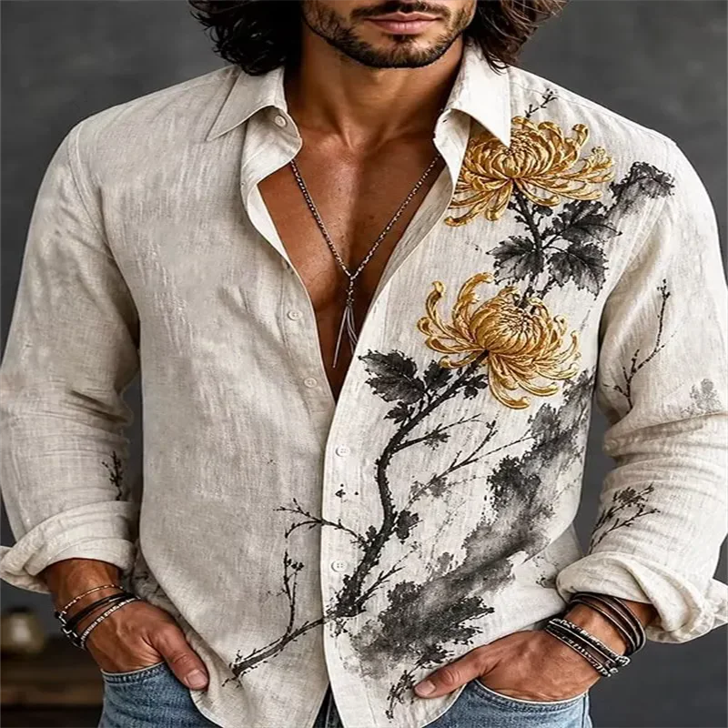 New Zen inspired retro casual shirt with ink painting, gold chrysanthemum branch print, men's long sleeved shirt