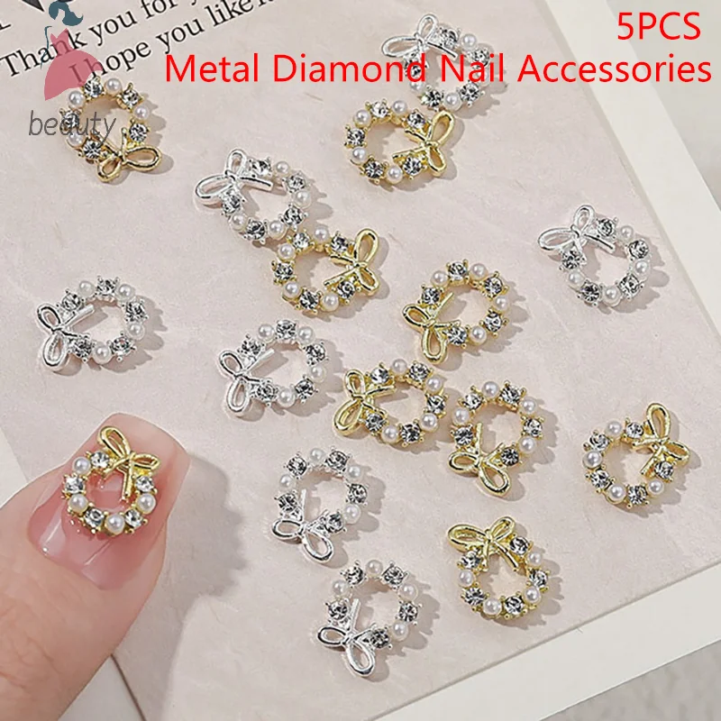 5Pcs Garland Bowknot Pearl Zircon Nail Art Charms Rhinestone Christmas Wreath Design Crystals Jewelry Nail Art Decoration