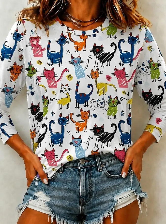 Women's Spring Summer 3D Printed Crew Neck Top, White Base Color Hand Drawn Cartoon Cat Fun Print Casual Street Blouse