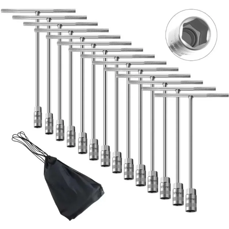 14Pcs T-Handle Wrenches Metric Socket Set, 6mm,-19mm Cr-V, Chrome Vanadium Steel T Handle Wrench Hex Socket for Motorcycle Bicyc