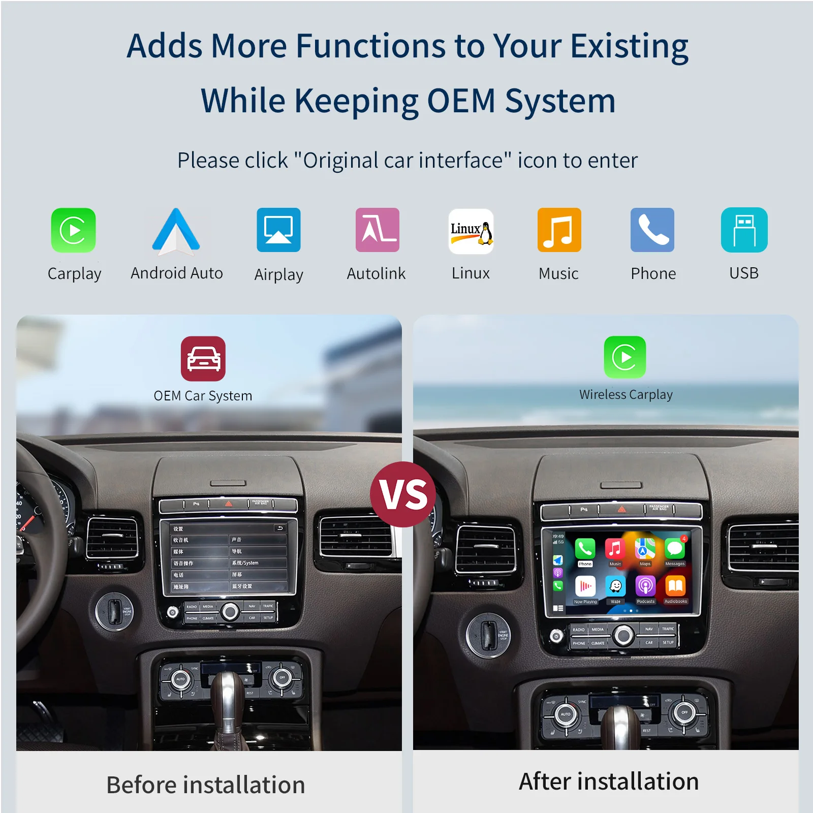 AUTOABC Wireless Carplay Adapter For VW Touareg RNS850 Radio Android Navigator Wireless Airplay Screen Mirror
