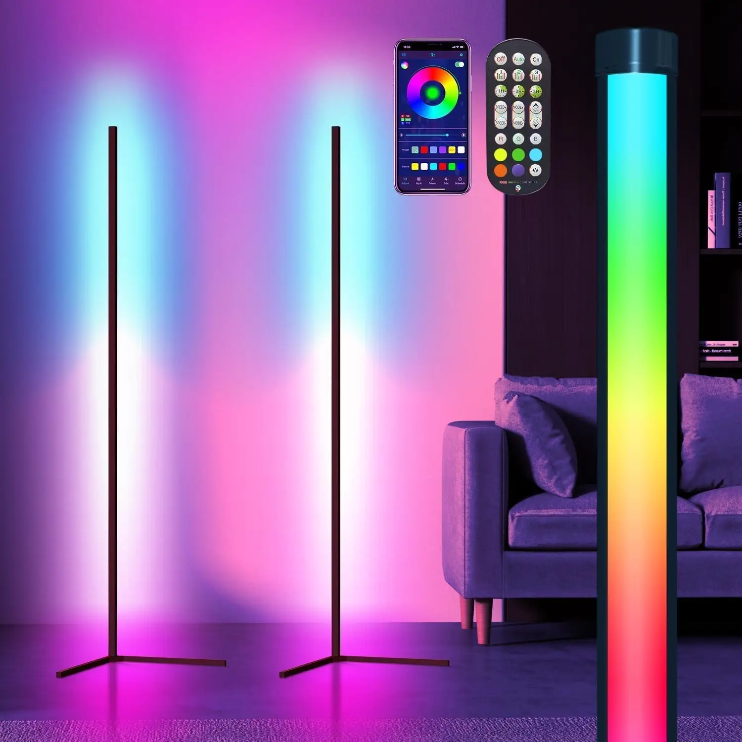 

2-Pack Smart LED Corner Floor Lamp with App/Remote Control, RGB Colors & Music Sync for Living Room, Bedroom, Gaming