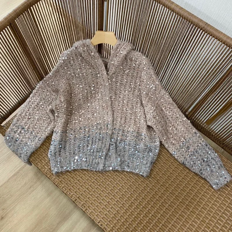 High-end sequins cardigans knitted hooded sweaters handmade women early spring gradient color matching loose long-sleeved coats