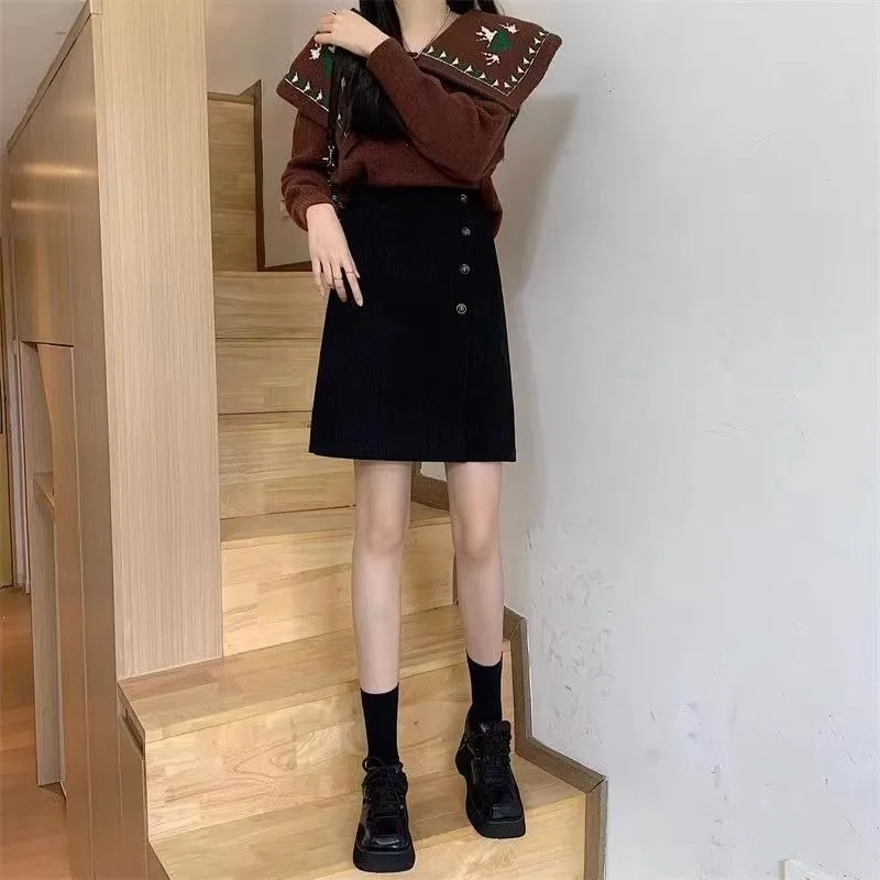 Women High Waist Corduroy Midi Skirt Side Button Decor Wrap Design Straight Casual Skirt