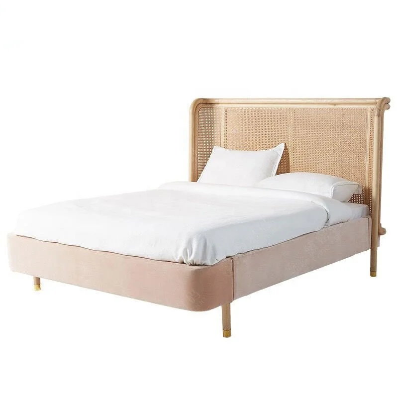 

* Nordic Solid Wood Rattan Bed Japanese Simple Villa King Bed in Bedroom