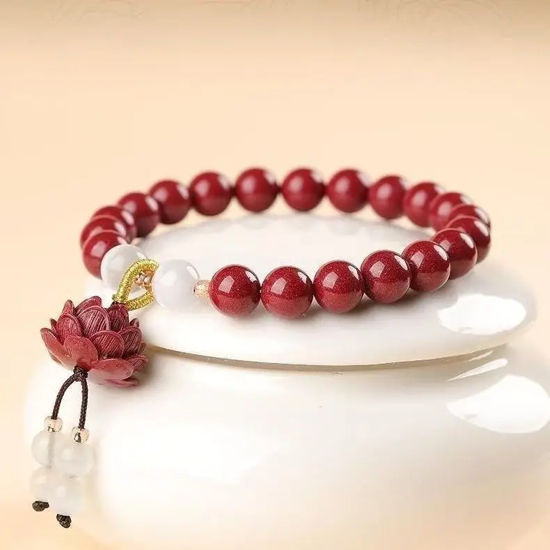 

Lotus Flower Red Cinnabar Buddha Bracelet Good Luck Color Round Bead Wealth Blessing Bracelet Lovers Men Women Mom Gift Jewelry