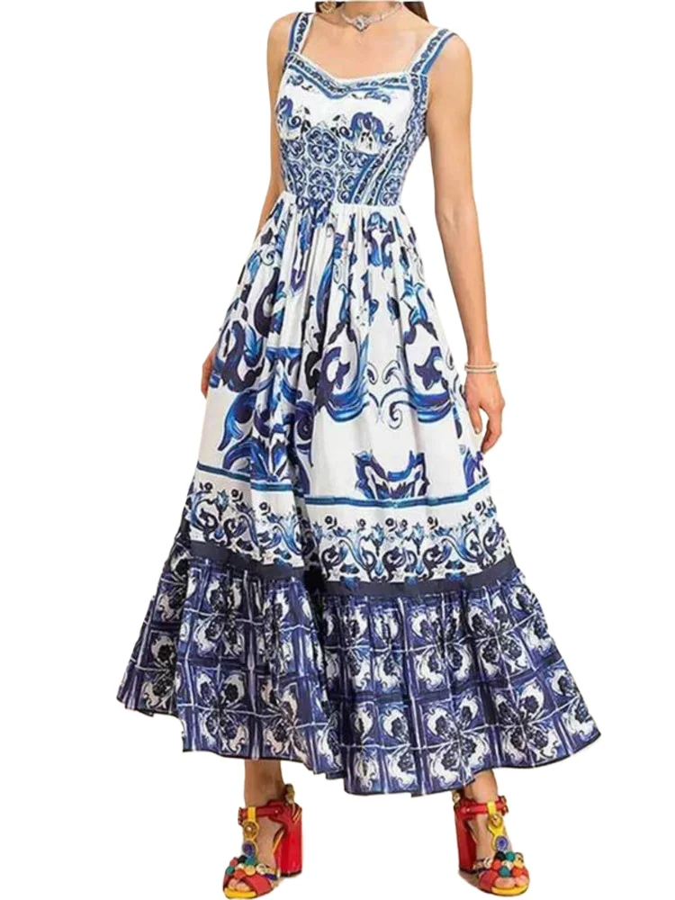 

Color Printed Sexy Backless Spaghetti Strap Long Dress Fashion Sleeveless Vacation Beach Dresses For Women Chic Female Vestidos
