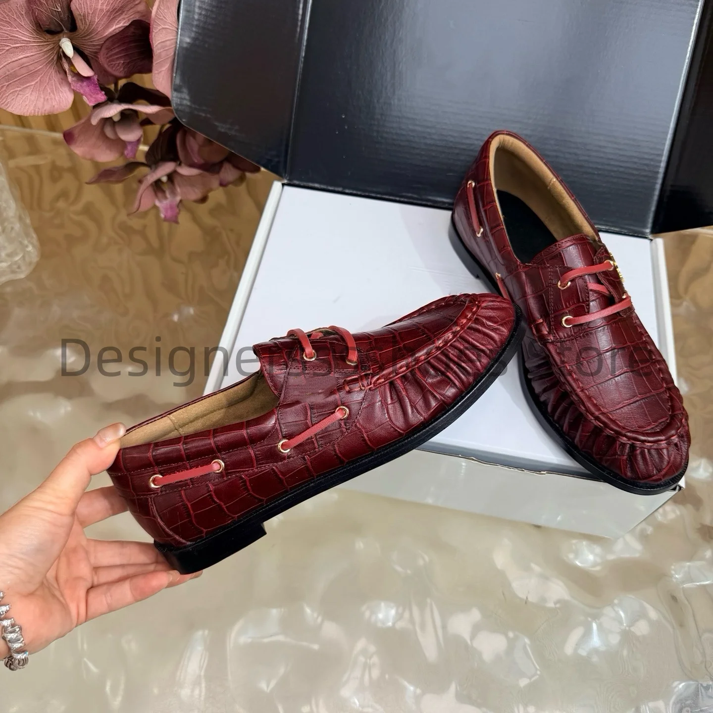 2026 Pleated Couple Loafers Almond Toe Stone Grain Cow Leather Sheepskin Lining Italian Leather Outsole Sizes 34-43