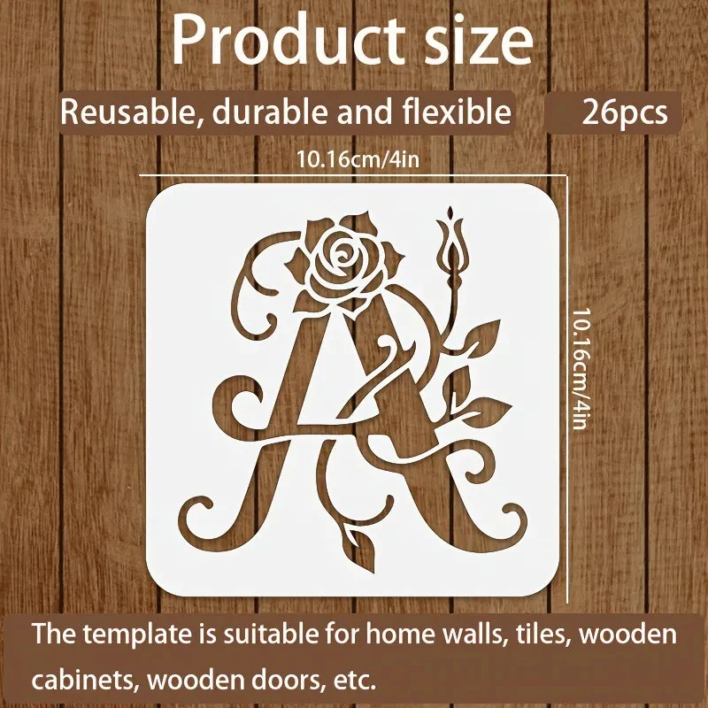 36 Moldes de letras florais reutilizáveis, modelo de pintura de letras com rosas, modelo de grafite vazado, molde para impressão a jato de tinta para decoração de parede