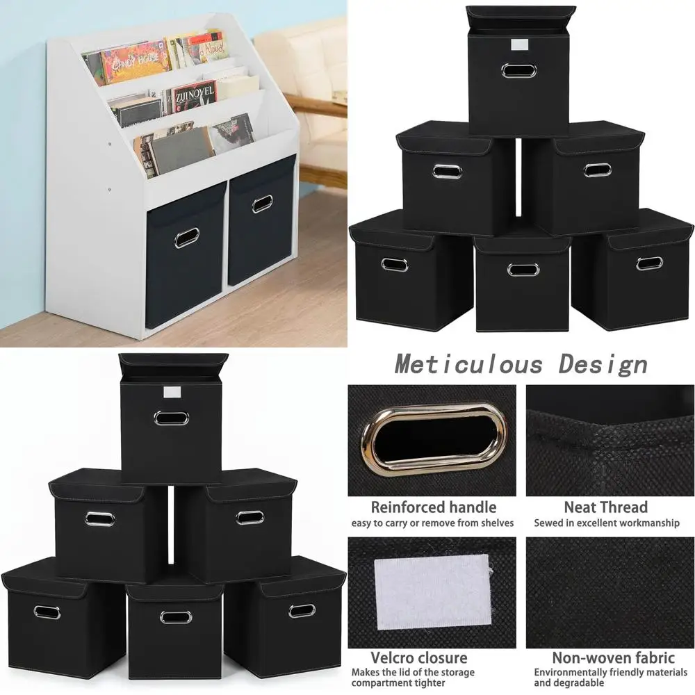 

Складные тканевые кубики для хранения с крышками и ручками, 6 шт., идеально подходят для одежды, офиса, стирки и полки — черный