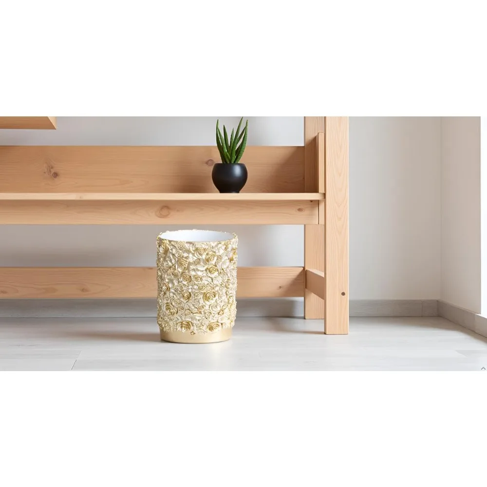 Eleganter, floral geschnitzter Kunstharz-Mülleimer, 8 x 10 dekorativer Abfallkorb für Büro, Badezimmer, Schlafzimmer mit Rosen-Design