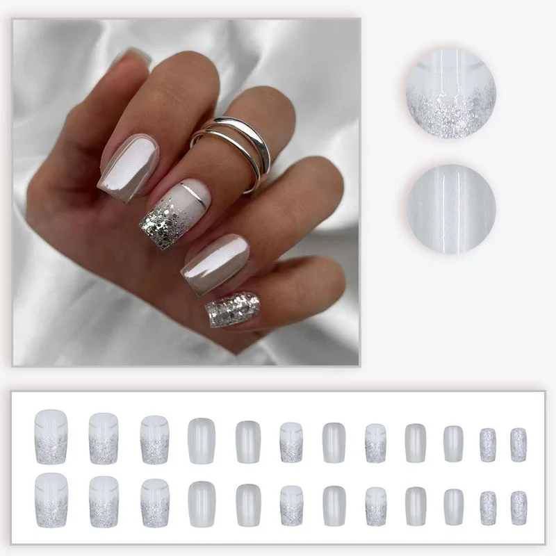 Short Square fake nails for women glossy brown tips golden silver glitters with strips design full cover press on false nail art view 5