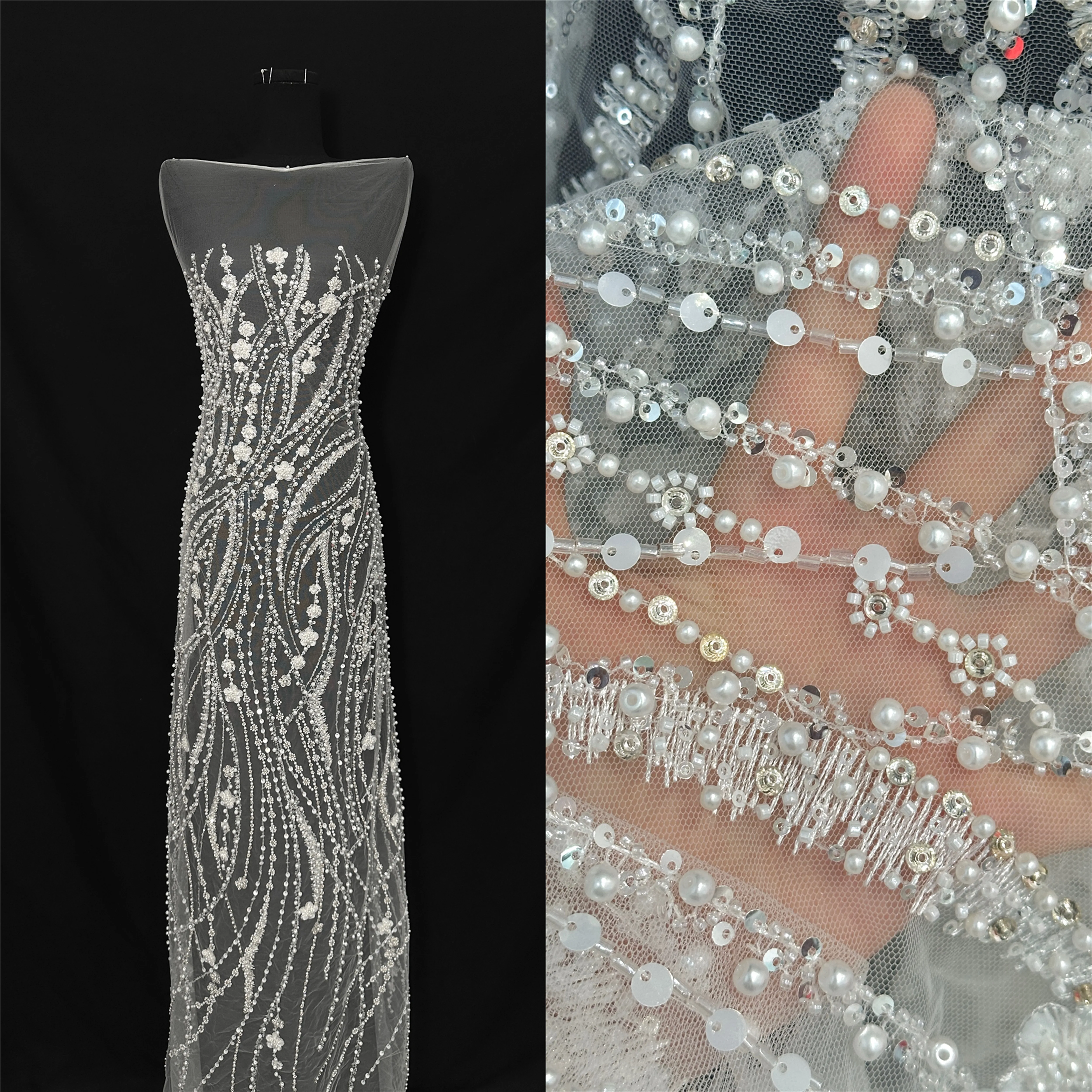 Heavy Mesh Lace French Net Sequins Lace Wedding Party Embroidered Fabric French Tulle Lace Fabric For Bridal Dress