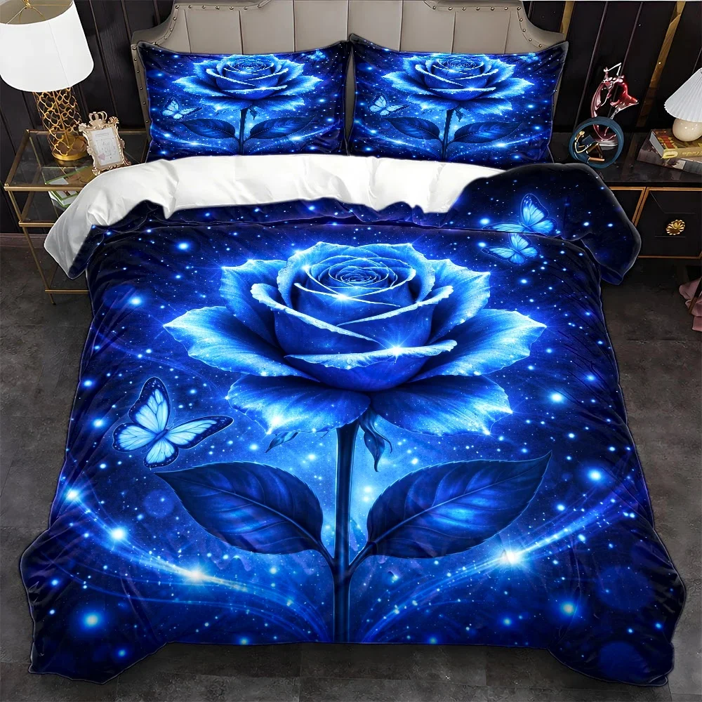 3Pc Dreamy Blue Rose Butterfly Duvet Cover Set, 1*Duvet Cover + 2*Pillowcases, Three-Piece Bedding Set, Suitable for All Seasons, Machine Washable Bedding Set, Invisible Zipper Queen Size Double Bed Cover, Suitable for Home, Dorm, Master Bedroom, Guest Room, Starry Sky Sparkling Floral Bed Cover Set, Skin-Friendly Comfortable Bedding Set, Ins Style Romantic Bedroom Decoration Bedding, 2D Flat Print