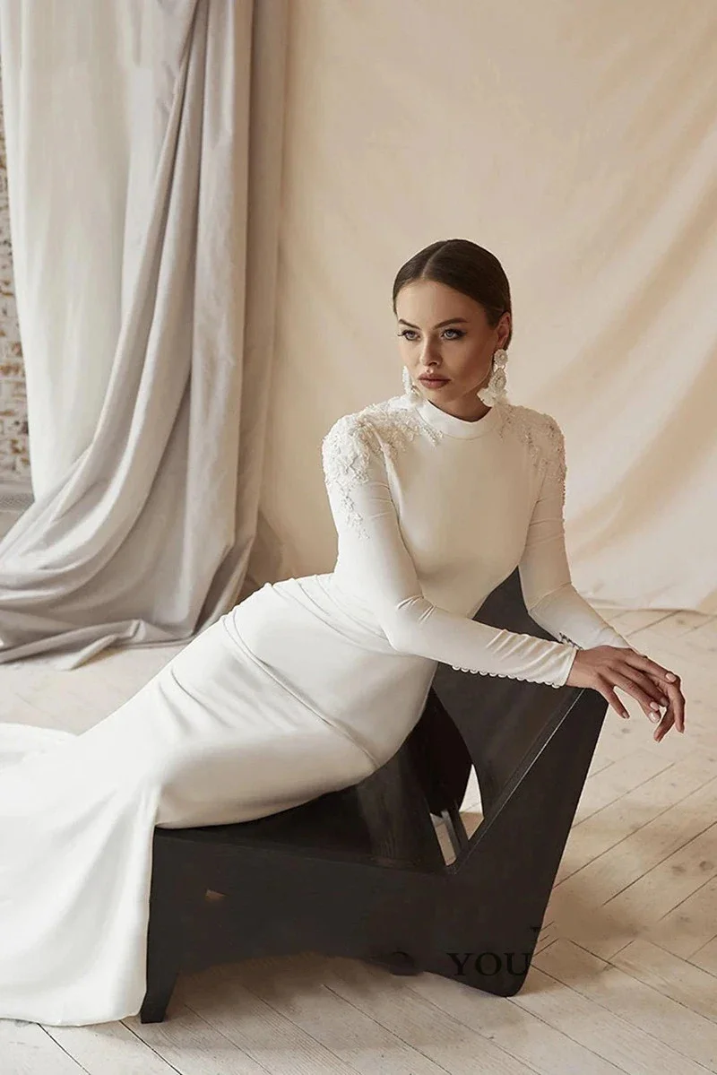 

2024 Appliques Mermaid Wedding Dresses Women's Simple Long Sleeve High Neck Muslim Bride Gowns Simple Sweep Train فساتين طويلة