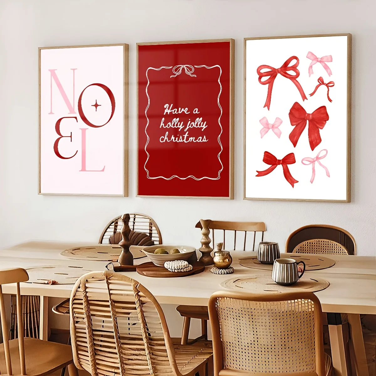1/3pcs Red and Pink Bowknot Christmas Canvas Print Nordic Bow and Noel Lettering Canvas Poster for Modern Christmas Home Decor