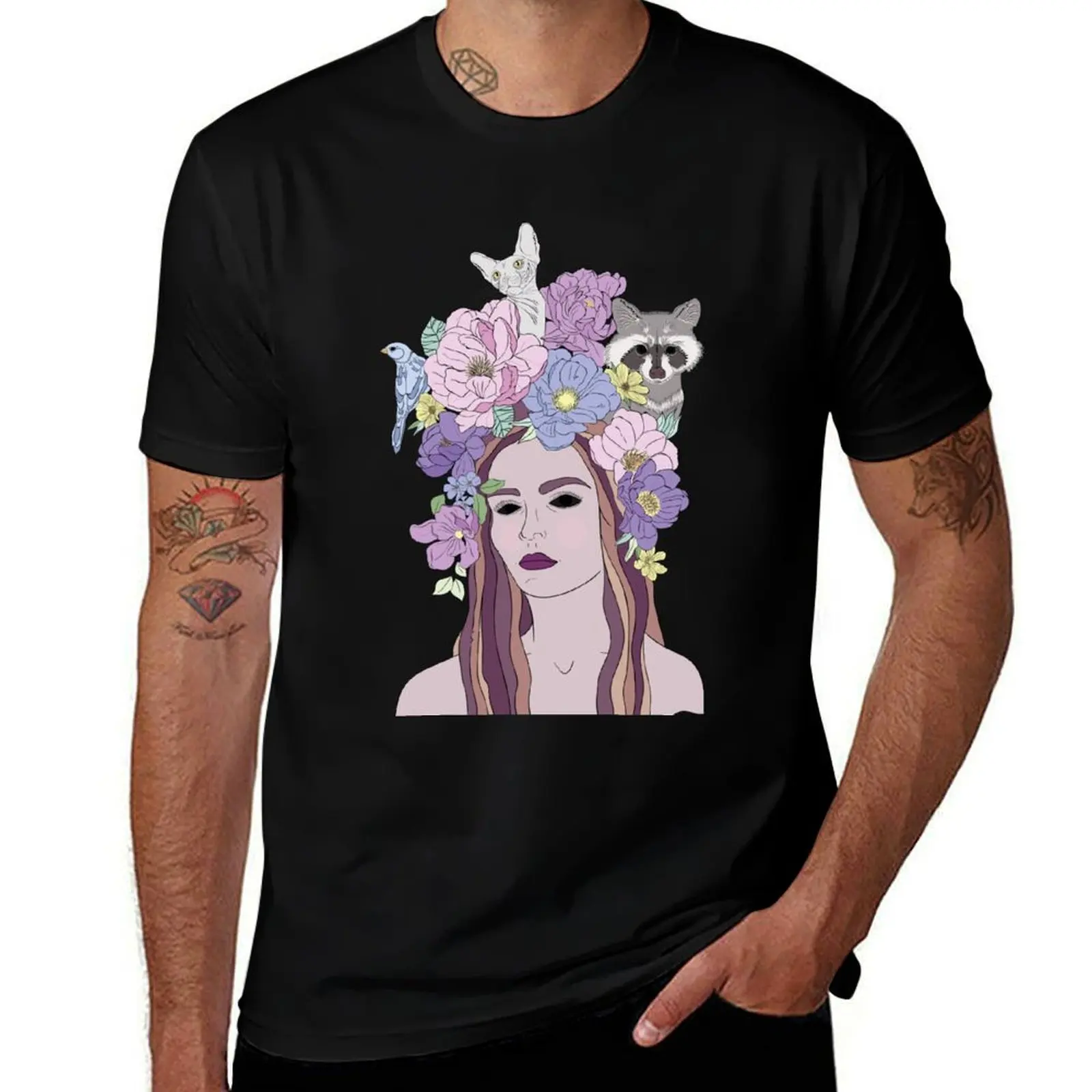 

Goddess Persephone with a crown of flowers and animals T-Shirt vintage t shirts mens big and tall t shirts
