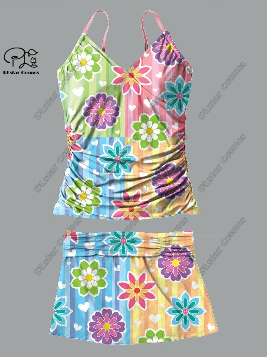 Costume da bagno estivo da donna con scollo a V, piccolo e fresco, con stampa floreale, gonna a bretelle, costume da bagno in due pezzi, vacanza, viaggio, nuovo costume da bagno Q-9