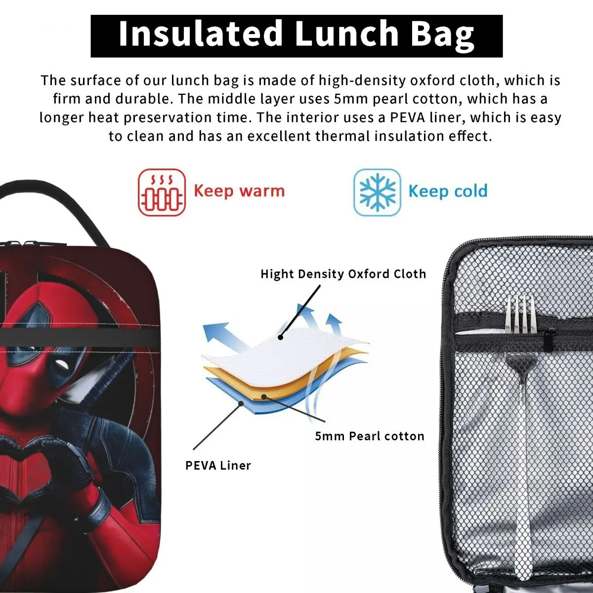 Deadpools Heroes Borse per il pranzo isolate Contenitore per il pranzo ad alta capacità Borsa termica Tote Lunch Box Borse per la conservazione degli alimenti all'aperto da spiaggia