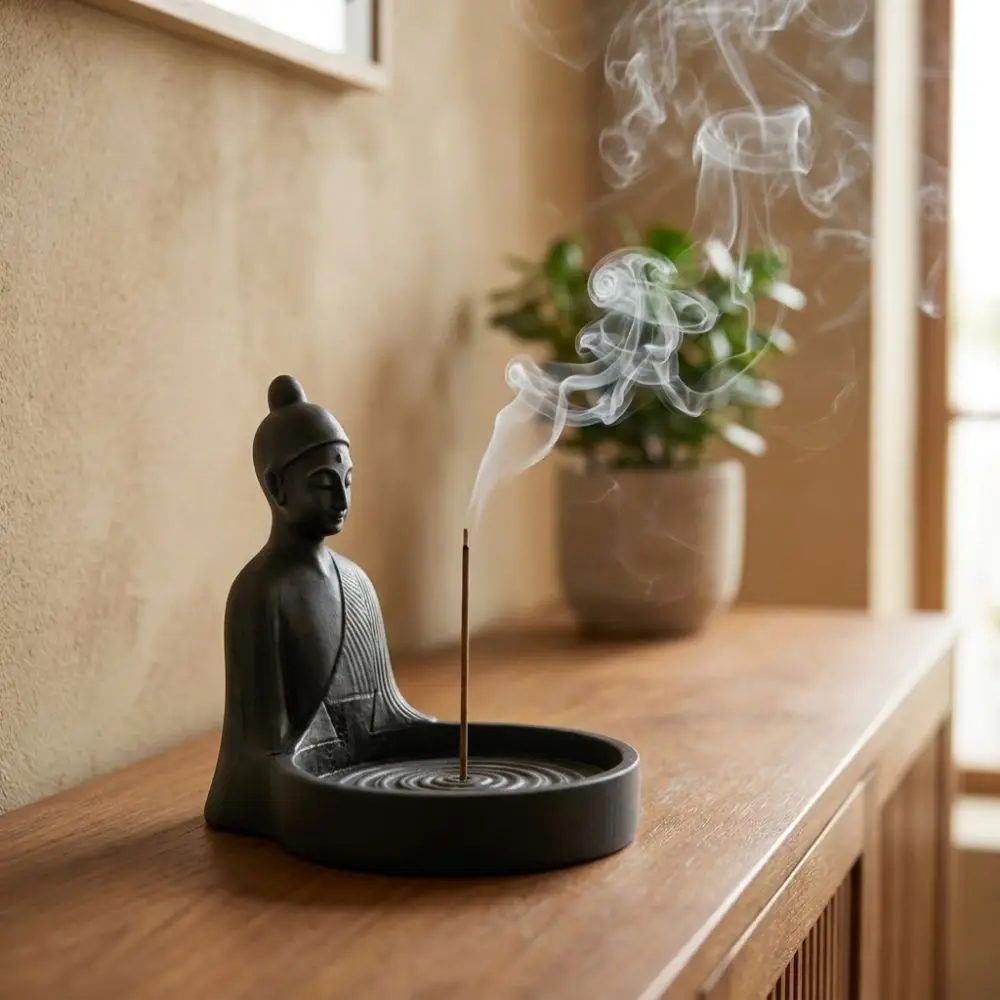 Zen Style Chinese Incense Stick Holder with Ash‑Catching Meditating Monk Tabletop Incense Stand Simulated Minimalist