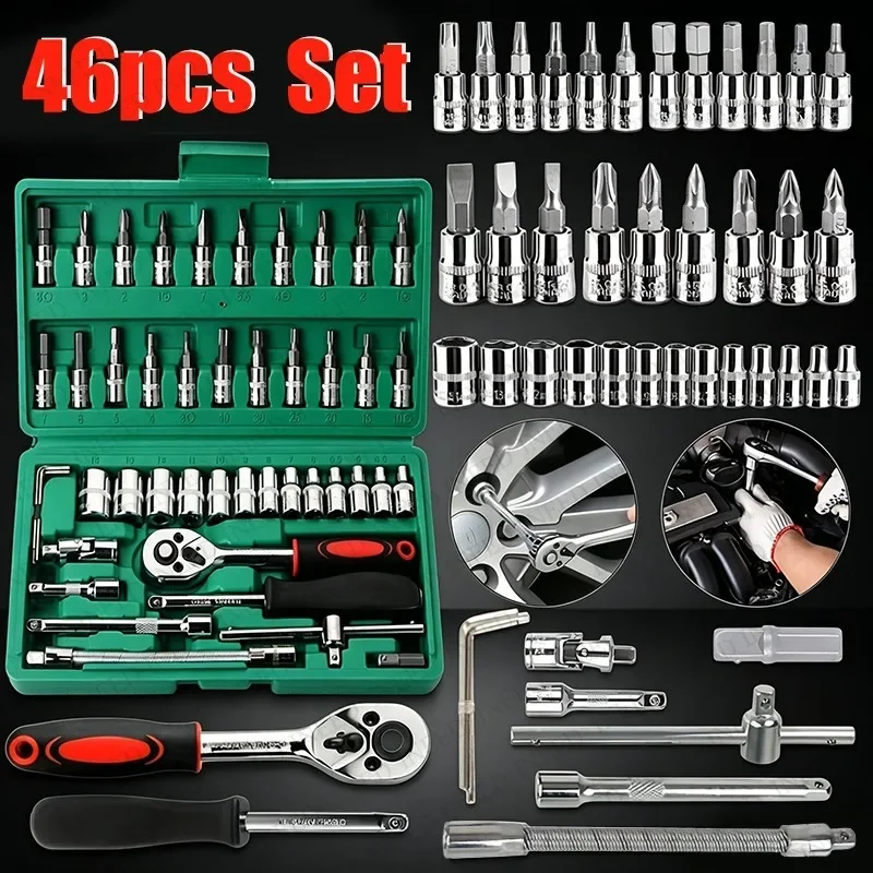 46pcs Socket Tool Set, Automotive & Motorcycle Repair Tool Kit - Durable Chrome Vanadium Steel, Includes Ratchet Wrenches
