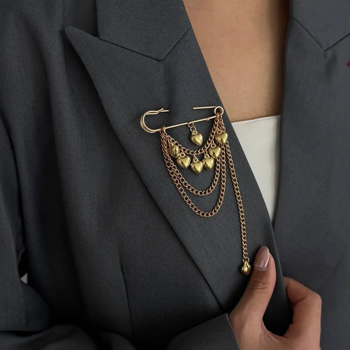 KunJoe 2026 Multi Functional Exquisite Heart Tassel Brooch Women Handmade Bead Chain Pins Suit Fixator Simple Clothes Accessory