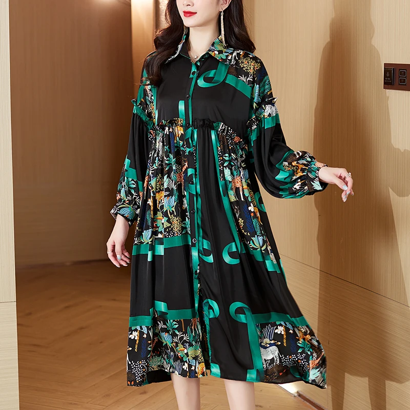 

Spring/Summer 2023 New Stand Neck Loose Slim Lace Dress Vintage Print Waist Fold Long Sleeve Satin Over Knee Dress