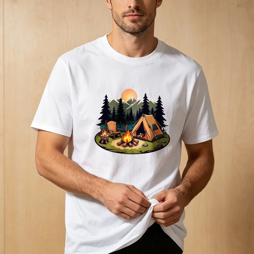 Camping Chair Bonfire Graphic Tees Outdoor Night Tent Pine Trees Nature Relaxation Unisex Shirt Summer Casual Streetwear Tops