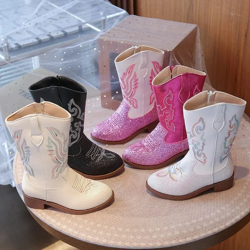 Princess Boots Girls' Winter Fashion Knee-High Boots Embroidered Suede Western-Style Children's Warm Boots