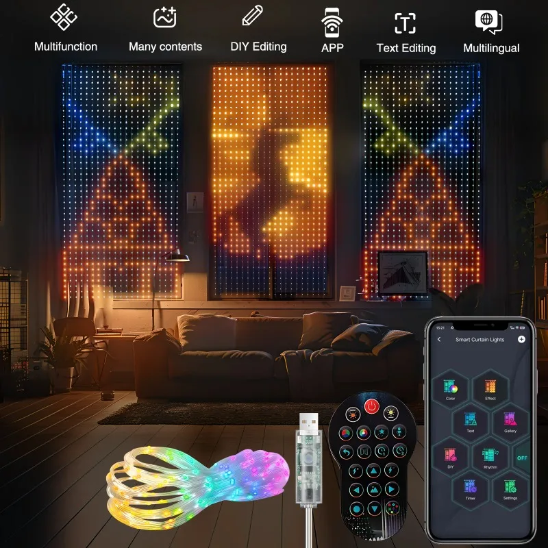 RGB Curtain String Lights Music Sync Text Display Fairy Light 256 LED App Controlled DIY Christmas Curtain Light Wall Room Decor