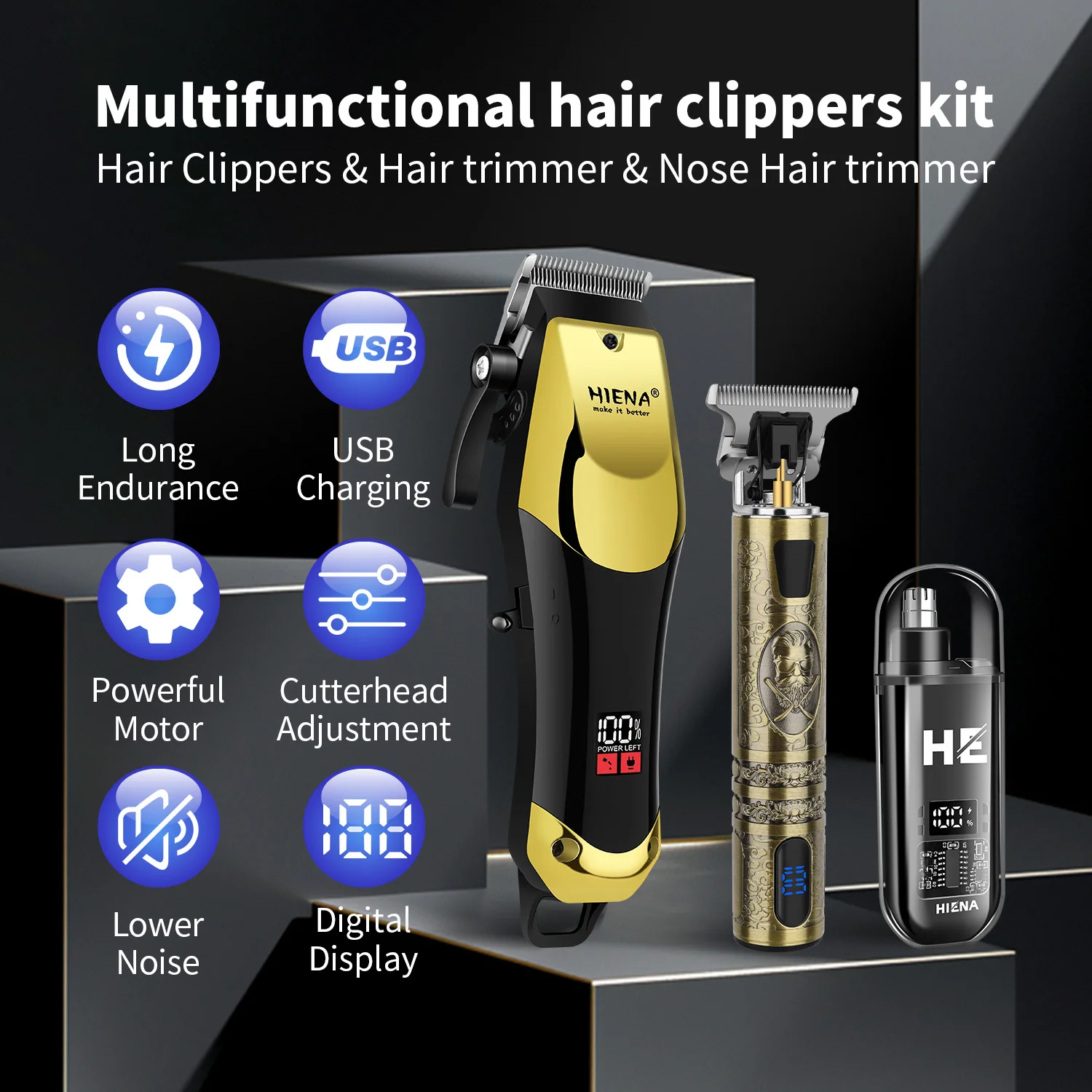 hiena teimmer Men's Hair Clipper Professional Electric Hair Clipper USB Rechargeable Barber Trimmer Men's Electric Hair Clipper