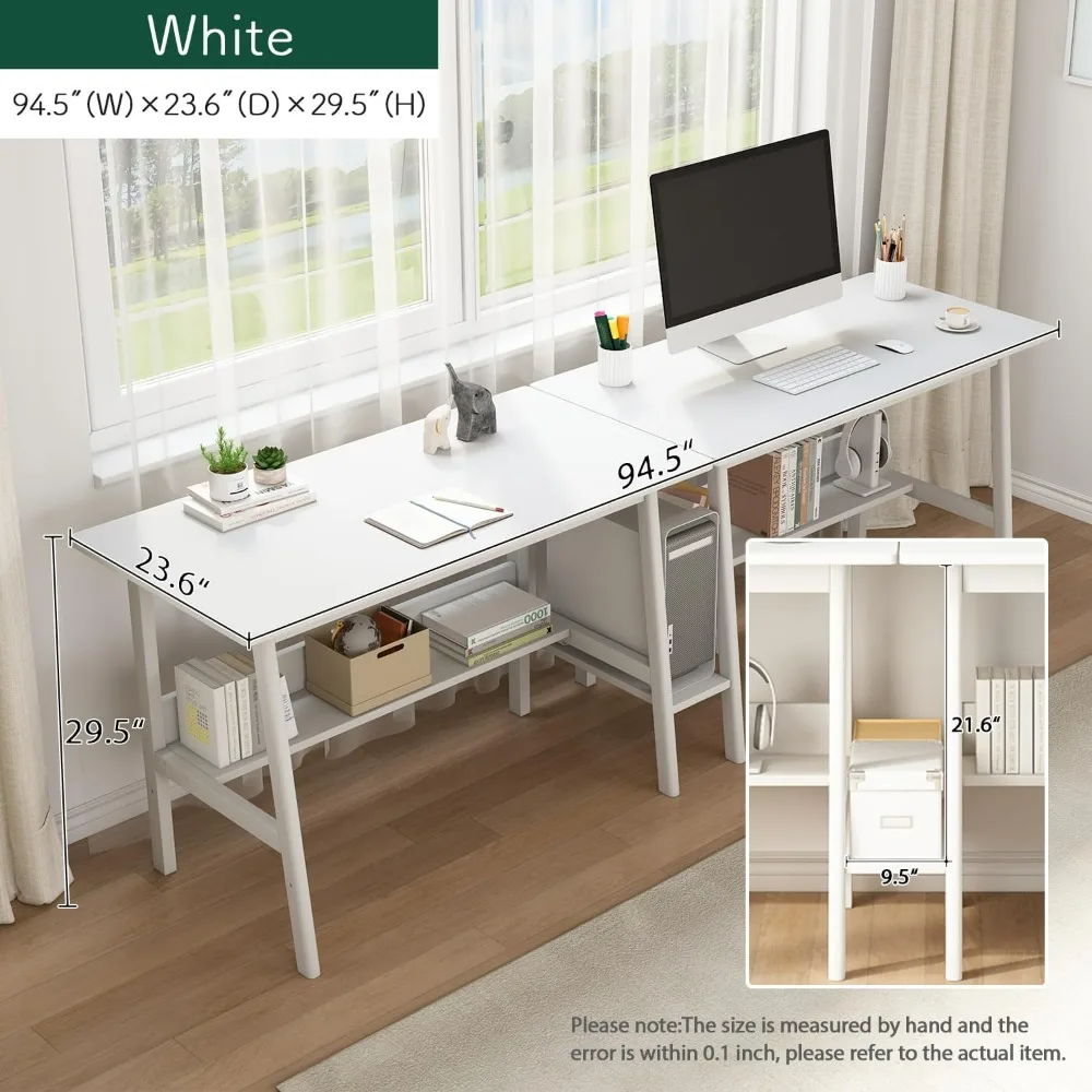 2-Person Writing Desk with Bookshelf, Wooden Extra Long Home Office Worktable, Study Computer Workstation White, Study Desk