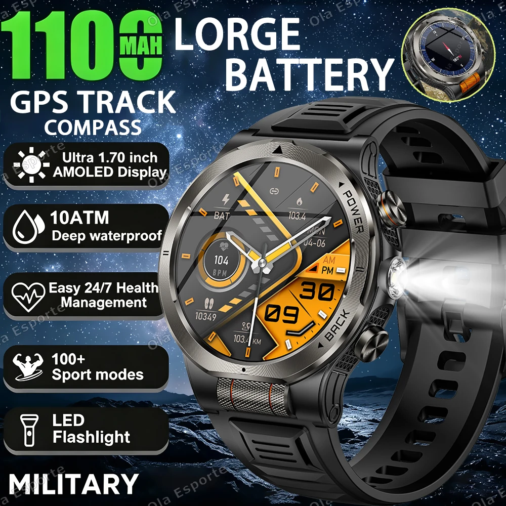 

Military Grade 1100mAh Battery Smart Watch Photosensitive roller Waterproof GPS Compass Call AMOLED Men Sports Smartwatch HW12