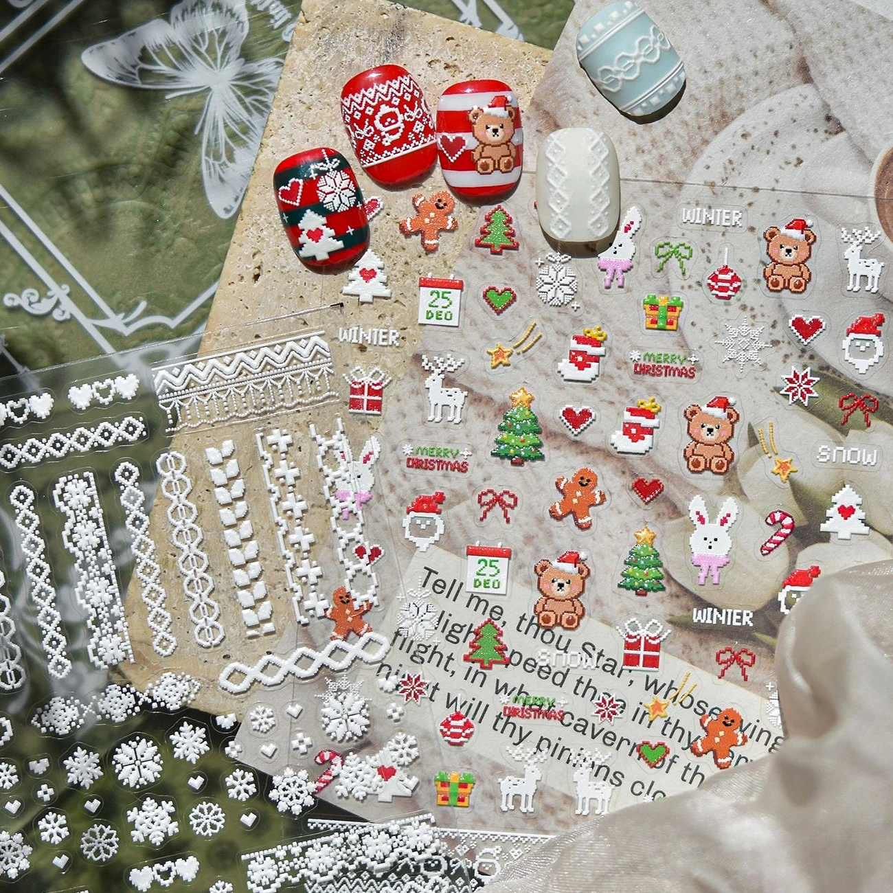 

Christmas Tree Gingerbread Man Gift Snowflakes Bear Deer Snowman Rabbit Santa Claus Stars Crystal Ball Nail Art Stickers Decals